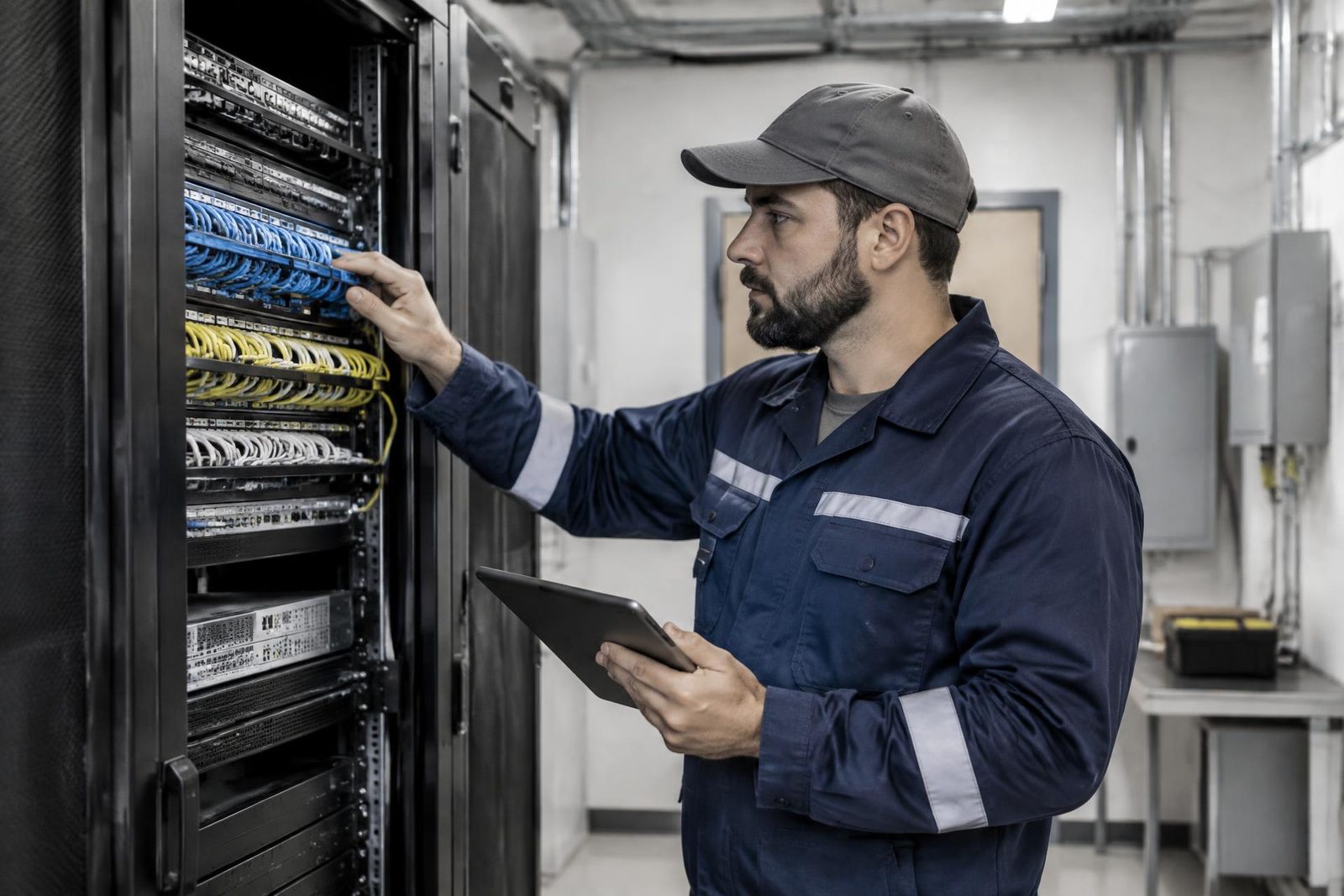 Técnico de campo con tableta revisa el cableado de un gabinete durante una visita de mantenimiento.