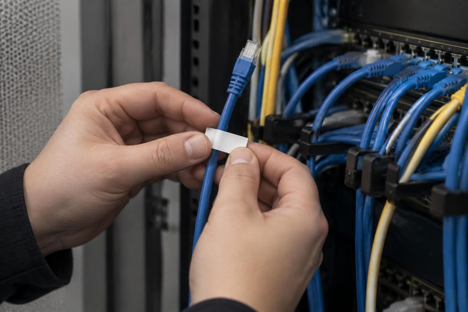Detalle cercano de dos manos colocando una etiqueta de identificación en un cable de parcheo azul.