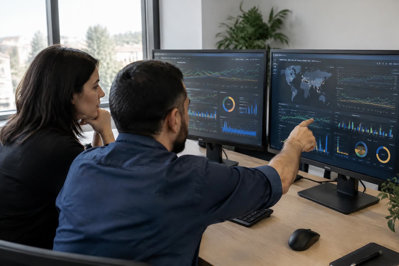Dos personas revisando tableros de monitoreo de red en dos monitores de oficina.