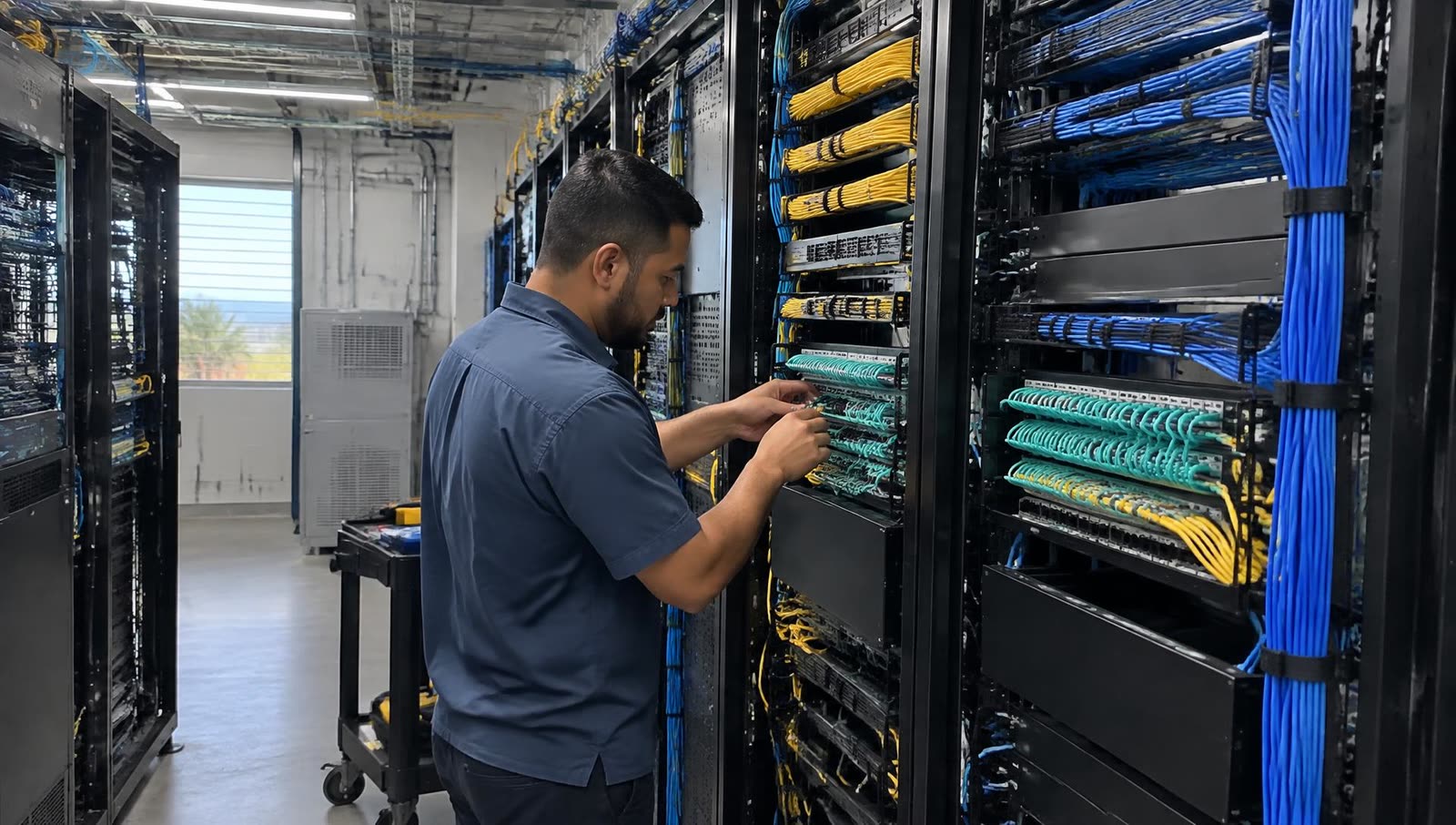 Técnico trabajando en un cuarto de comunicaciones con racks abiertos y cordones organizados por color.