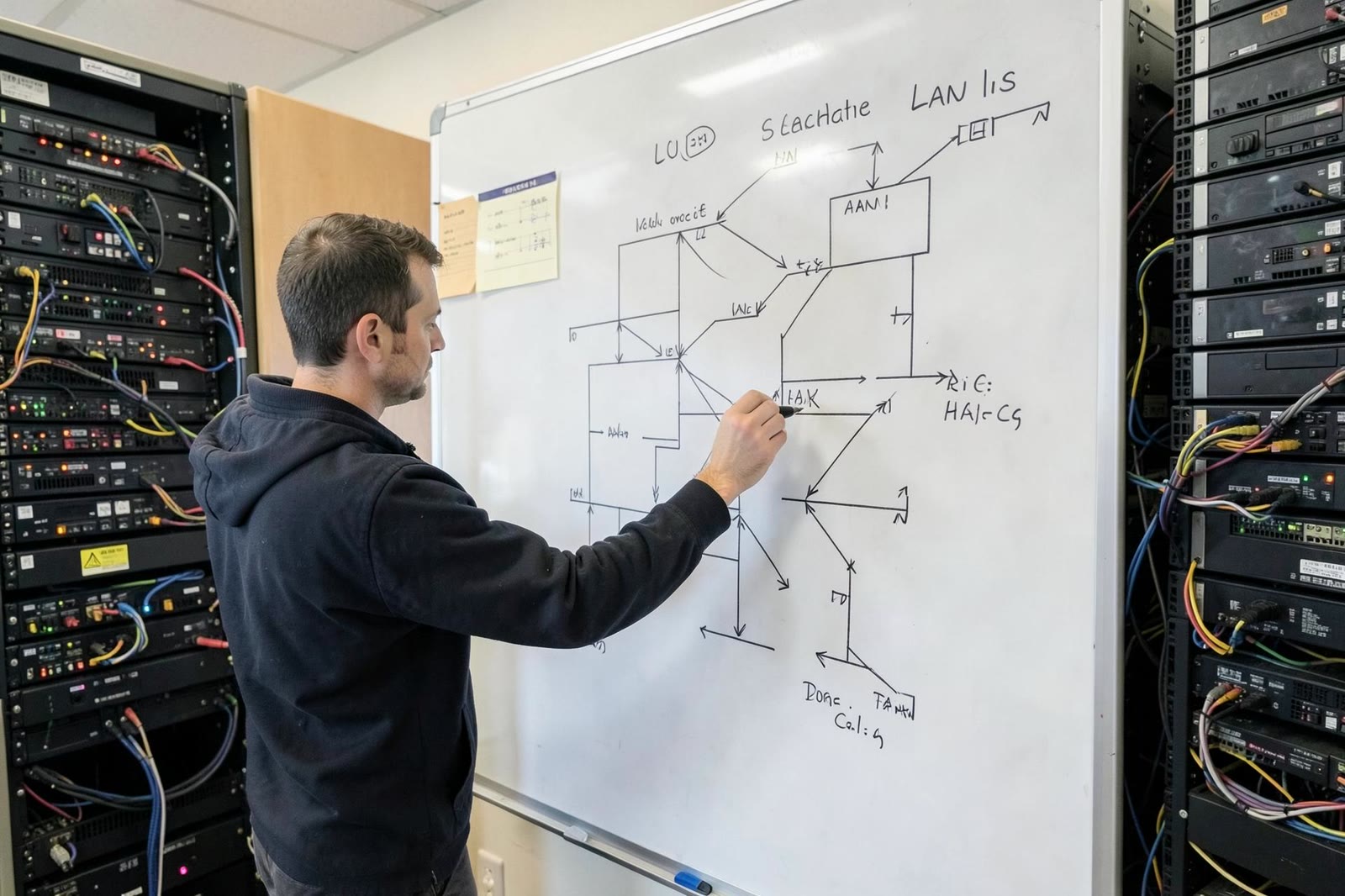 Técnico dibujando un diagrama de red en una pizarra junto a racks de comunicaciones.
