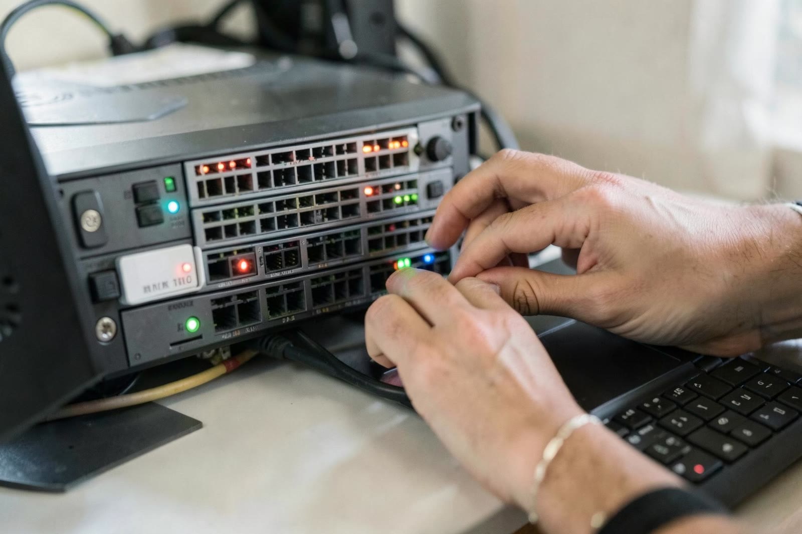 Manos configurando un switch de red por cable de consola desde una laptop.