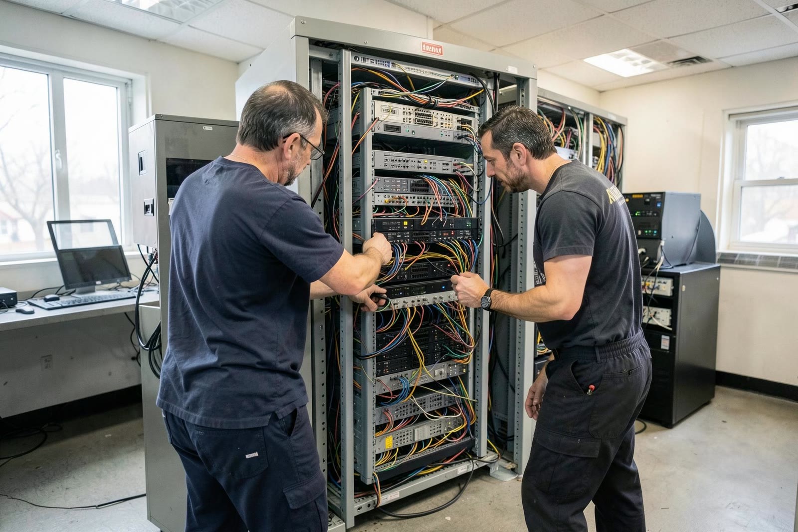 Dos técnicos instalando equipo nuevo en un rack existente de un cuarto de comunicaciones.