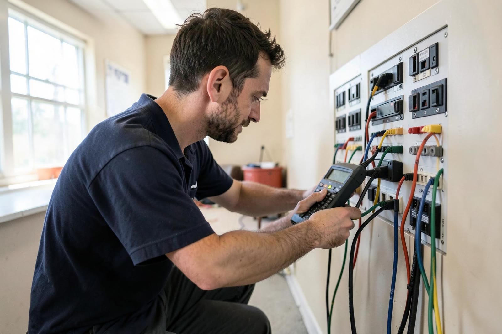 Técnico probando conectividad con un certificador de cable frente a un panel de parcheo.