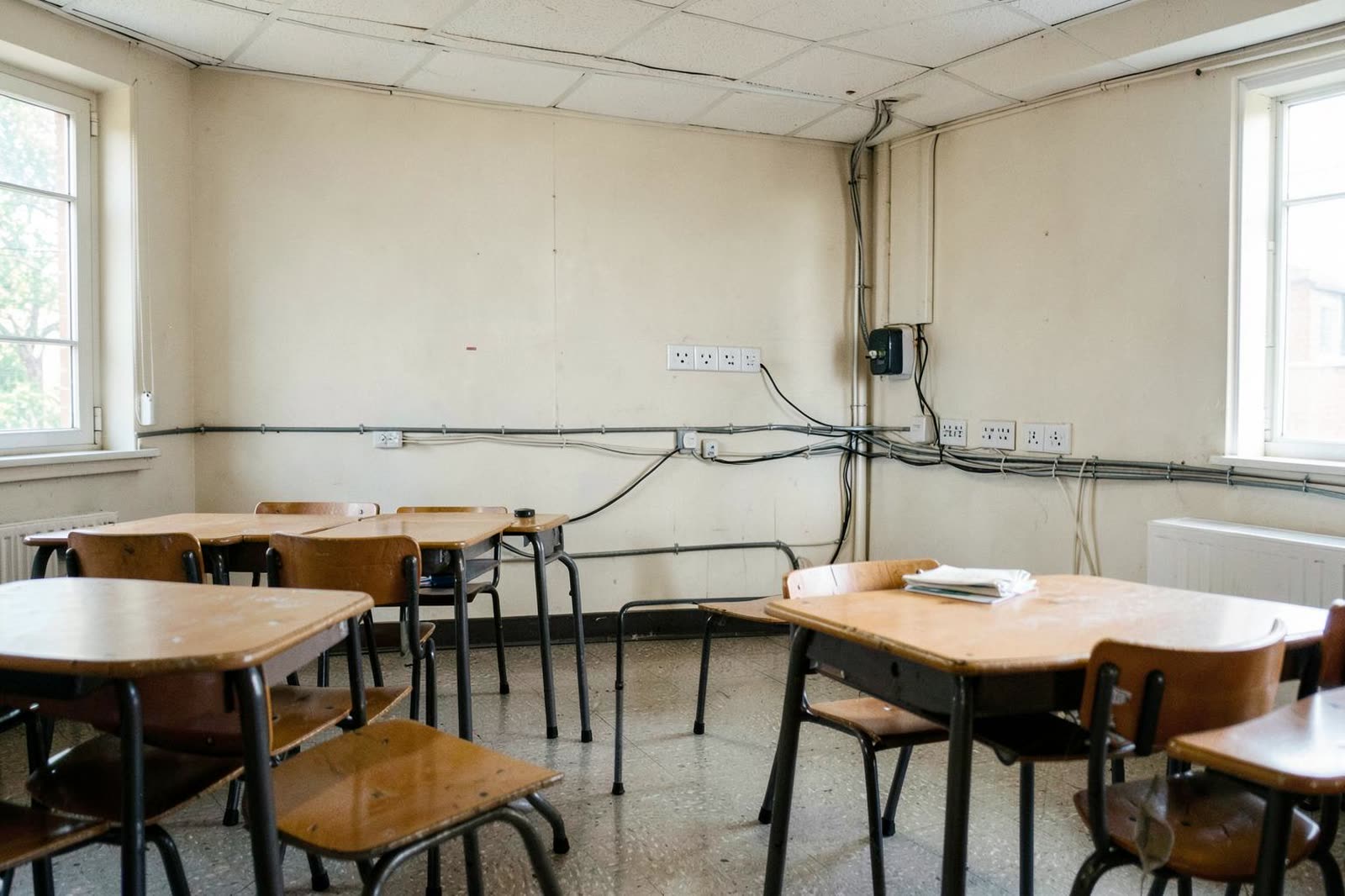 Salón de clases con estaciones de trabajo conectadas y canalización a la vista.