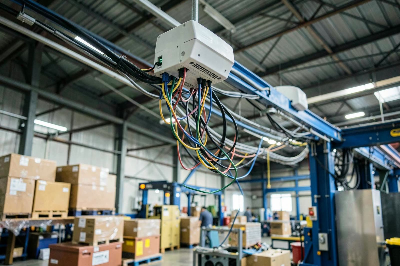 Vista amplia de una nave industrial con líneas de producción y equipo de red montado en columna.