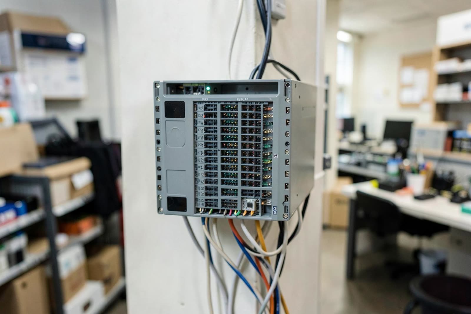 Gabinete de red compacto montado en la trastienda de una sucursal.