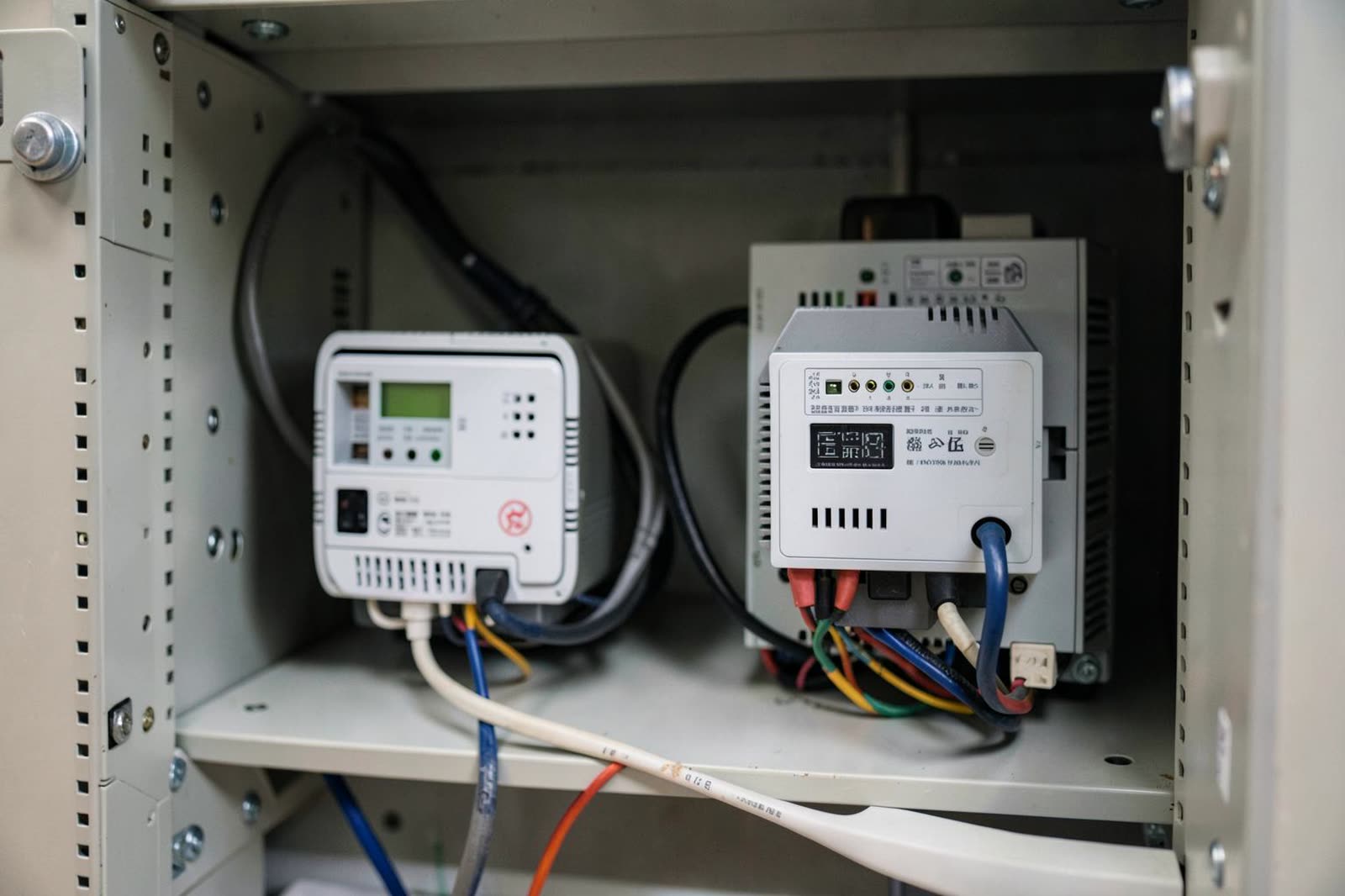 Dos equipos de conectividad instalados en el gabinete de una sucursal.
