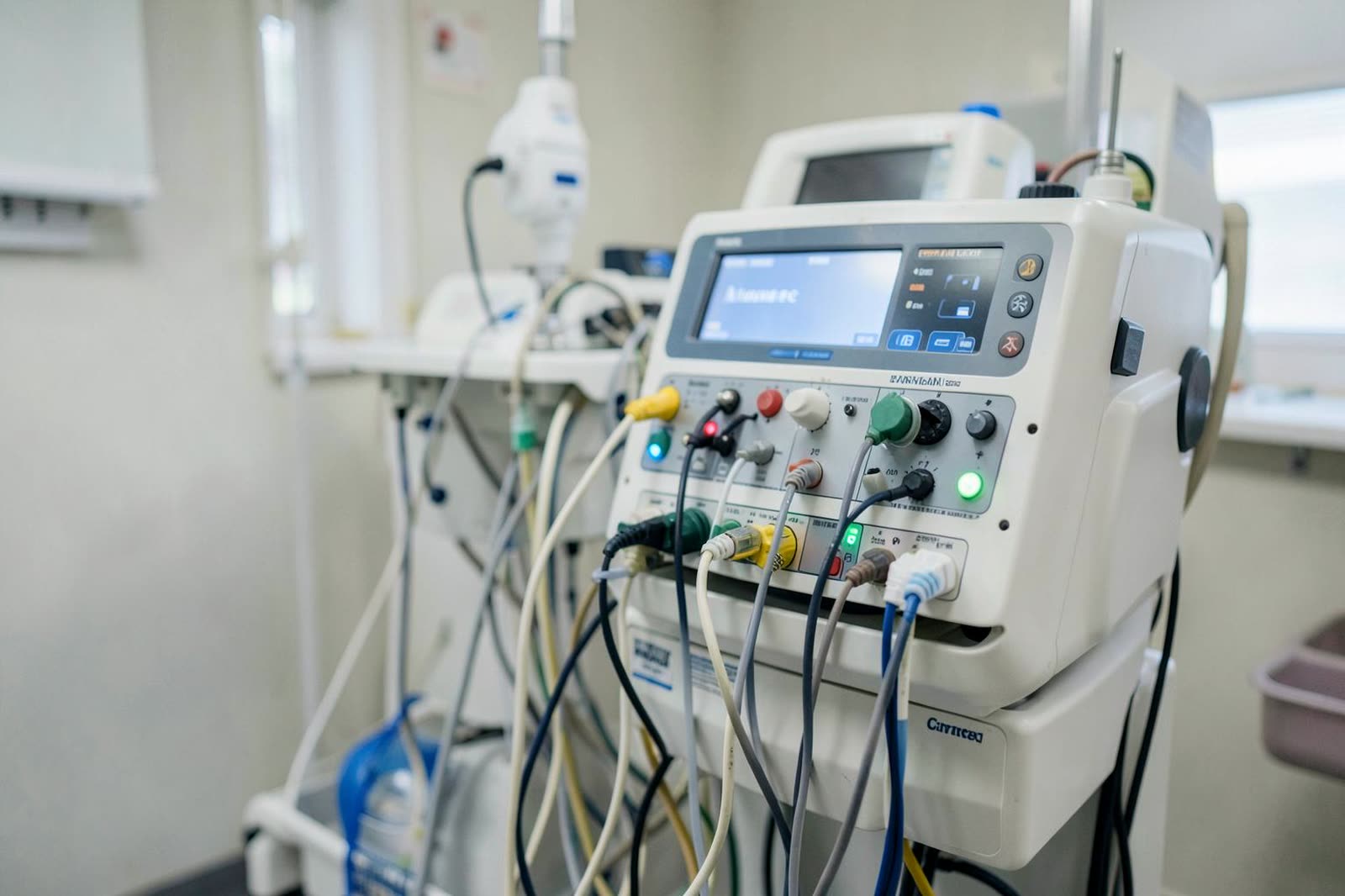 Equipo médico conectado a un puerto de red en una sala de tratamiento.