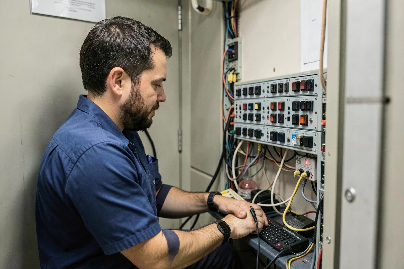 Técnico instalando cableado en el cielo raso de una instalación de salud fuera de horario.