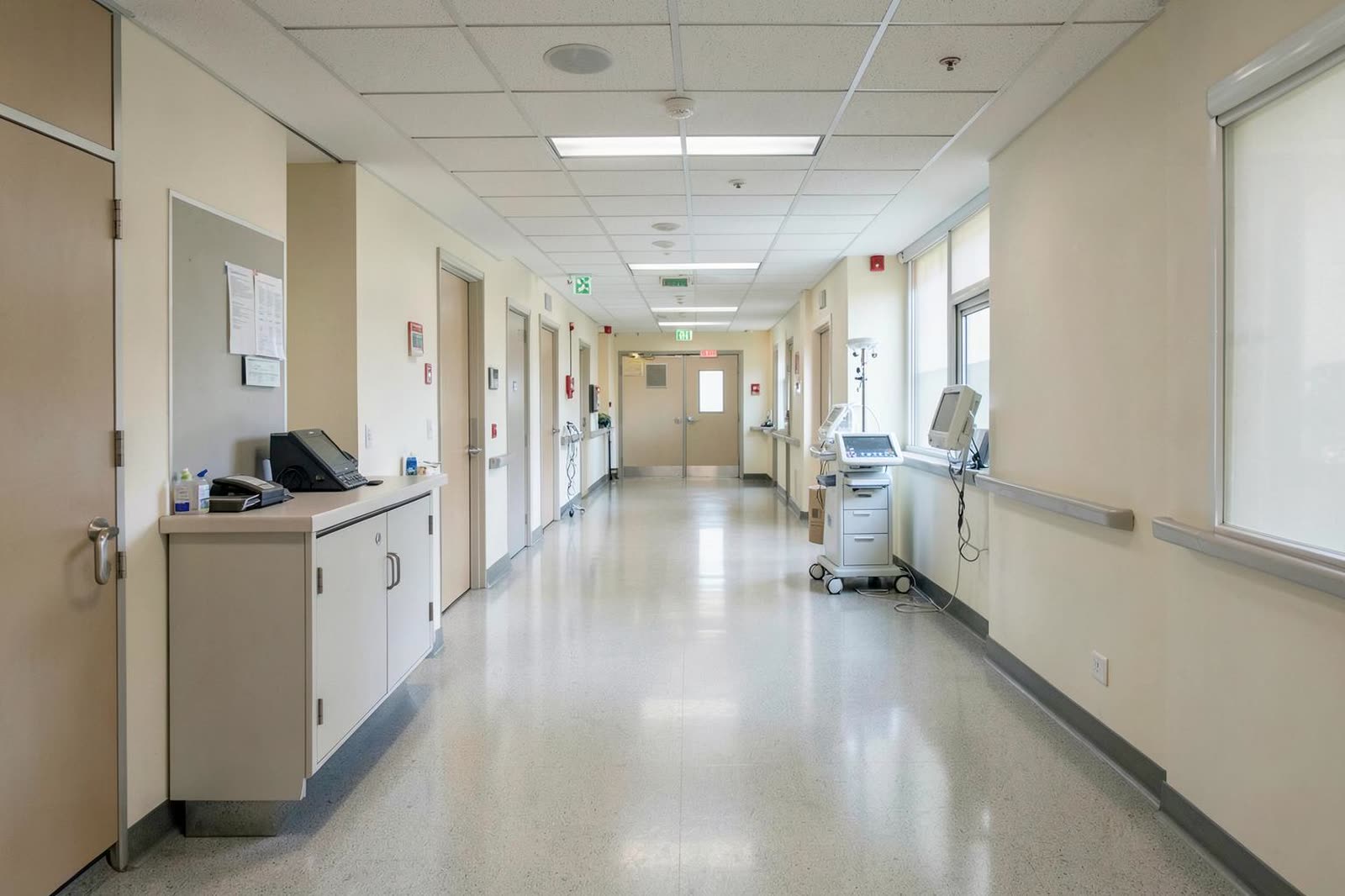 Pasillo de una instalación de salud con estaciones de trabajo conectadas.