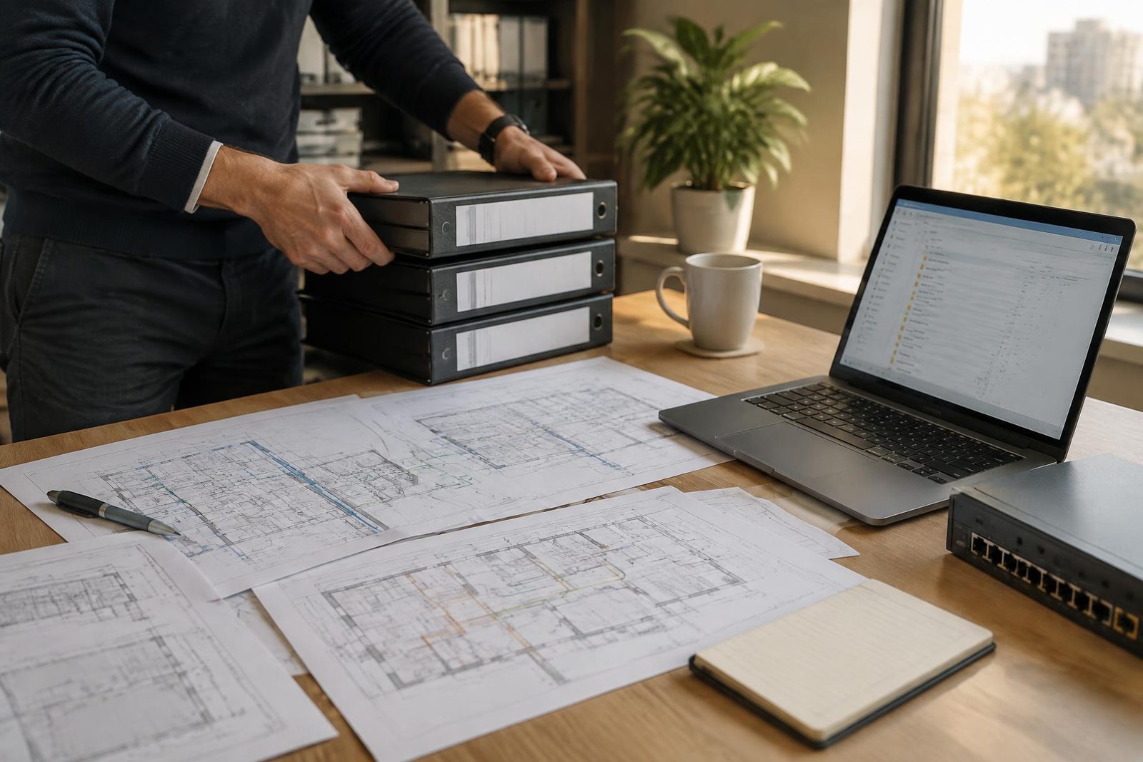 Escritorio con planos as-built impresos, carpetas de documentación rotuladas y una computadora portátil con el listado de archivos.